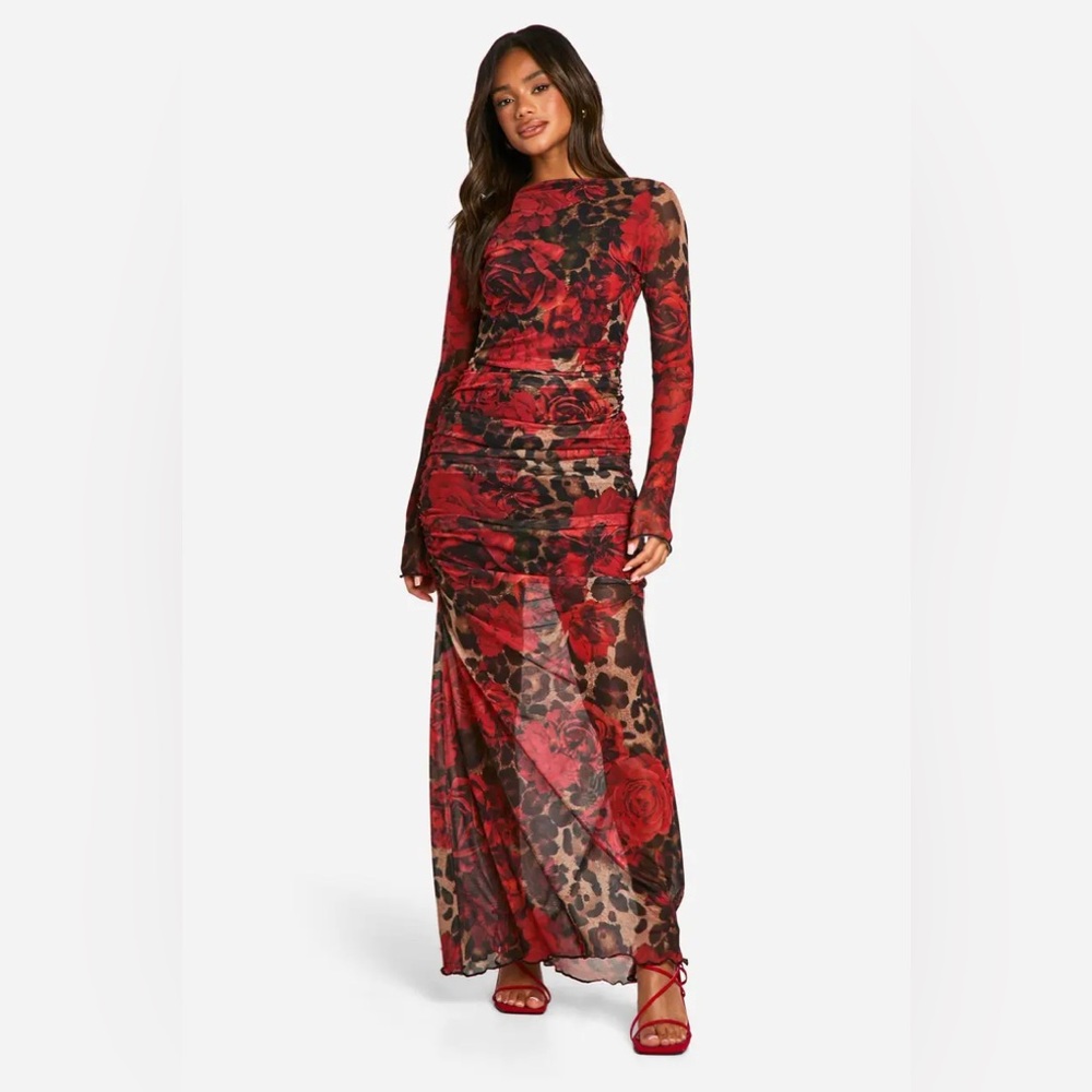Boohoo Mixed Leopard Ruched Mesh Maxi Dress